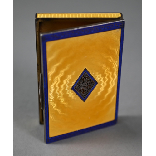 170 - An Austro-Hungarian .950 grade card case, the yellow and blue guilloche enamel body with ornately-pi... 