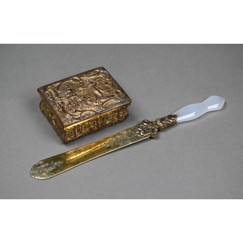 171 - An early Victorian silver gilt paper-knife with engraved blade, foliate chased ferrule and chalcedon... 