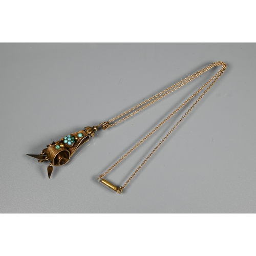 200 - A Victorian yellow gold and turquoise earring in the Egyptian revival style, converted as a pendant,... 