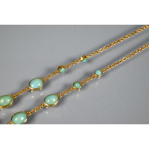 207 - An Arts and Crafts necklace, yellow metal set with round and oval turquoise matrix with seed pearls,... 