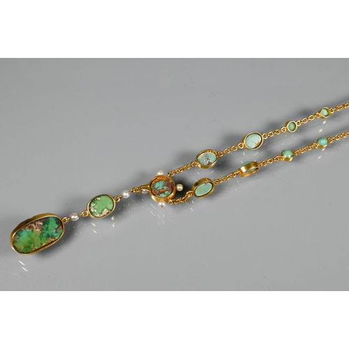 207 - An Arts and Crafts necklace, yellow metal set with round and oval turquoise matrix with seed pearls,... 