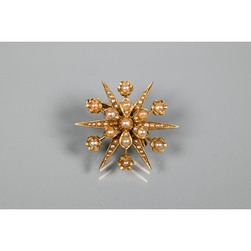 208 - A Victorian 15 ct yellow gold brooch in the form of a star, set overall with seed pearls, 3.5 cm, wi... 