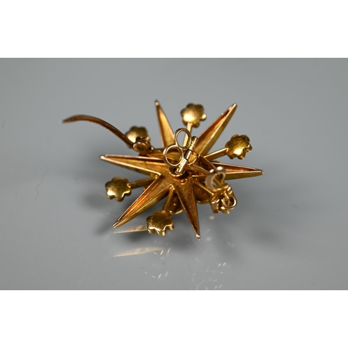 208 - A Victorian 15 ct yellow gold brooch in the form of a star, set overall with seed pearls, 3.5 cm, wi... 