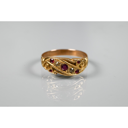 212 - Three gold rings, one Victorian set rubies and diamonds, size P, unmarked, one 15ct set five graduat... 