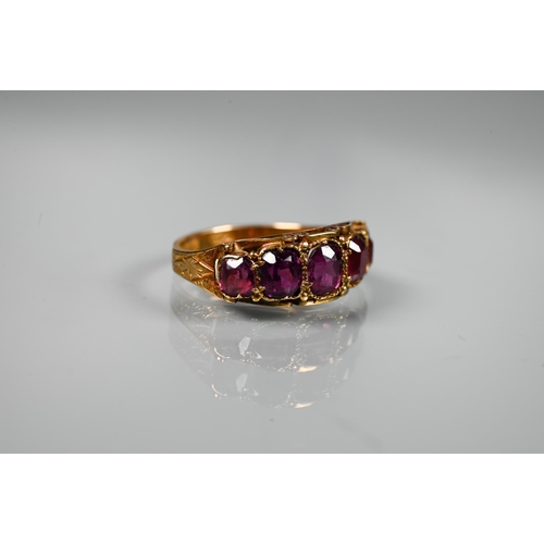 212 - Three gold rings, one Victorian set rubies and diamonds, size P, unmarked, one 15ct set five graduat... 