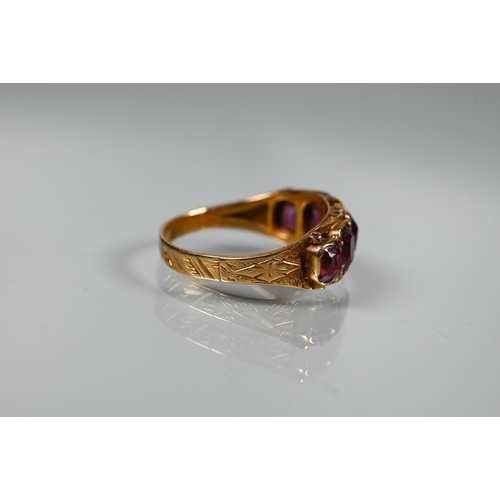 212 - Three gold rings, one Victorian set rubies and diamonds, size P, unmarked, one 15ct set five graduat... 