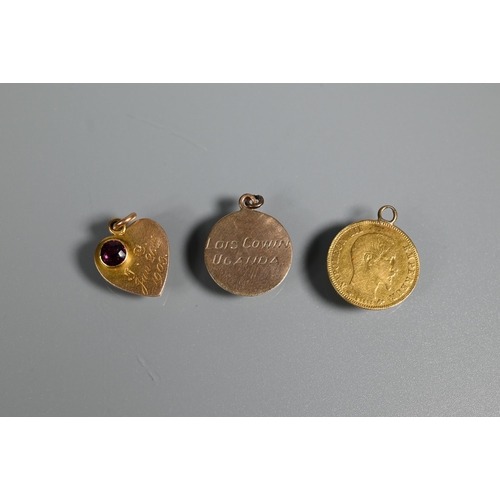 221 - A Napoleon III 5 franc piece dated 1855 (with applied loop), two 9ct yellow gold pendant charms, ins... 