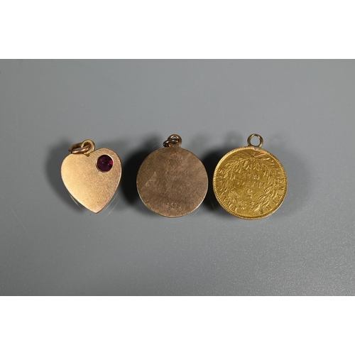 221 - A Napoleon III 5 franc piece dated 1855 (with applied loop), two 9ct yellow gold pendant charms, ins... 