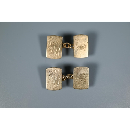 223 - A pair of 9ct yellow gold rectangular cufflinks, bearing initials GB, chain-linked, approx 7.6g; thr... 