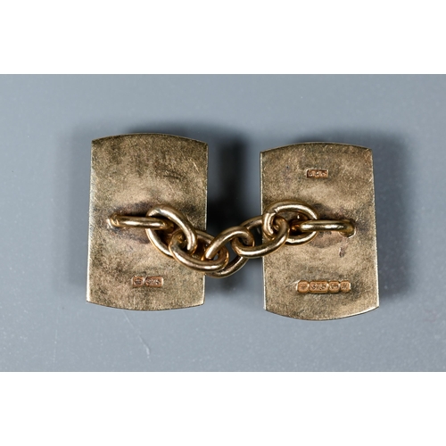 223 - A pair of 9ct yellow gold rectangular cufflinks, bearing initials GB, chain-linked, approx 7.6g; thr... 