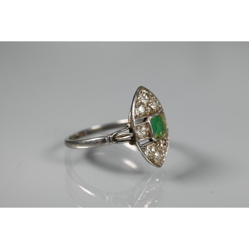 227 - A 1920s emerald and diamond marquise cluster plaque ring, white metal milgrain set, size MEmerald ch... 