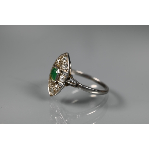 227 - A 1920s emerald and diamond marquise cluster plaque ring, white metal milgrain set, size MEmerald ch... 