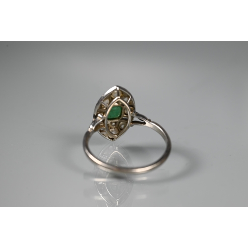 227 - A 1920s emerald and diamond marquise cluster plaque ring, white metal milgrain set, size MEmerald ch... 