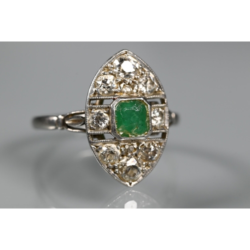 227 - A 1920s emerald and diamond marquise cluster plaque ring, white metal milgrain set, size MEmerald ch... 