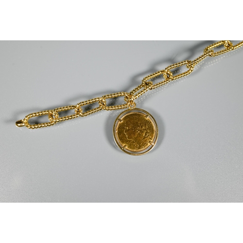 231 - A rope style linked bracelet stamped 750 with two mounted coins attached, a 10f coin dated 195 and a... 