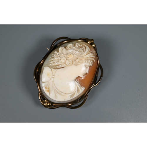 240 - Oval shell cameo of lady with elaborate hair, gilt metal mount to/w mother-of-pearl pendant (2)