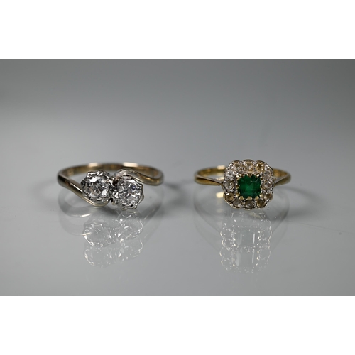 258 - A two stone diamond crossover ring, claw set 18ct white gold, size R to/w a square emerald and diamo... 