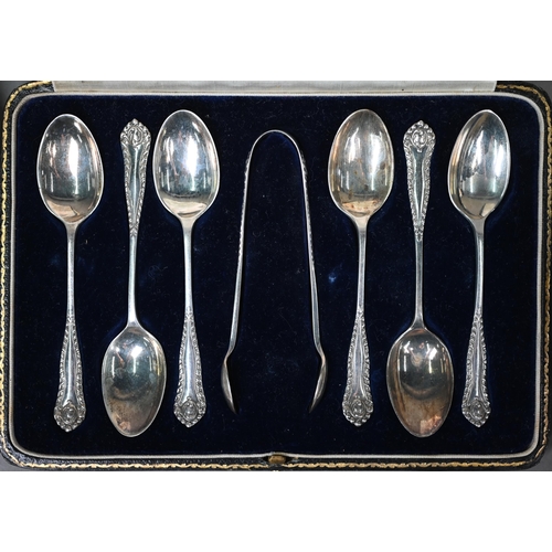 27 - A cased set of six teaspoons with tongs, Sheffield 1926, to/w a cased set of six rat-tail coffee spo... 