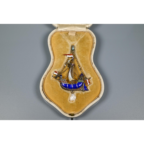 274 - An Austro-Hungarian silver gilt and enamel pendant featuring a tall masted galleon, polychrome ename... 