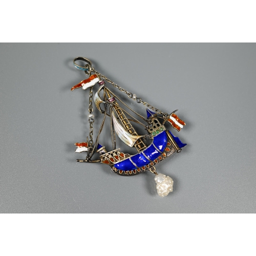 274 - An Austro-Hungarian silver gilt and enamel pendant featuring a tall masted galleon, polychrome ename... 