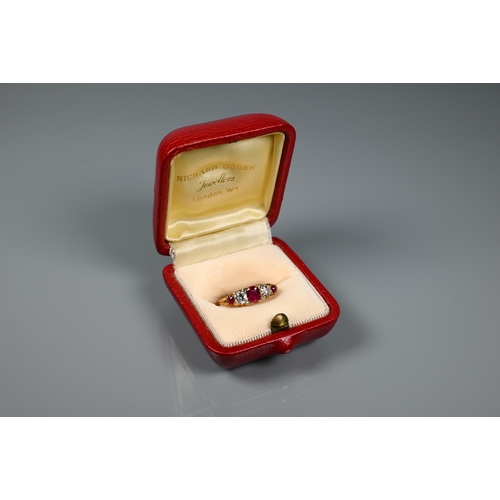 277 - An antique ruby and diamond ring, the three rubies with a briliant diamond to each side and diamond ... 