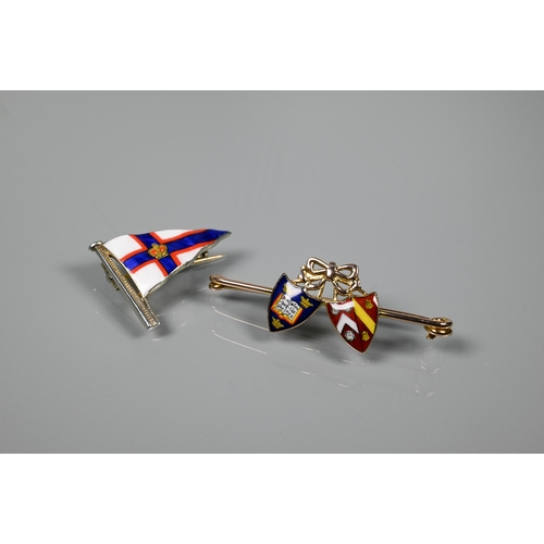 281 - A 9ct gold and enamel two shield badge for Oxford University and Wadham College and a pennant badge ... 