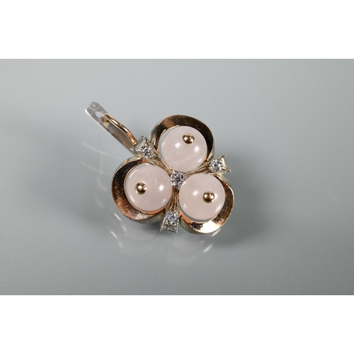 327 - A pair of shamrock shaped earrings set three rose quartz beads with simulated diamond milgrain set h... 