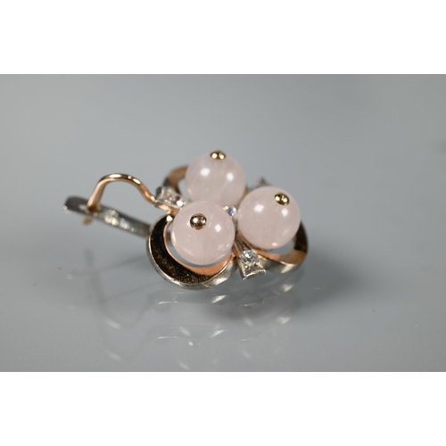 327 - A pair of shamrock shaped earrings set three rose quartz beads with simulated diamond milgrain set h... 