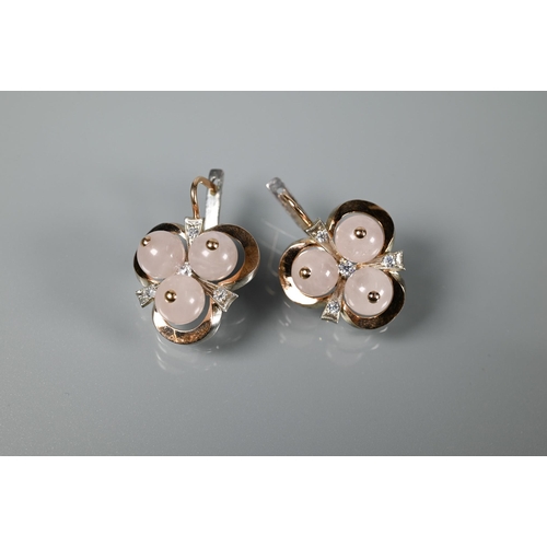 327 - A pair of shamrock shaped earrings set three rose quartz beads with simulated diamond milgrain set h... 