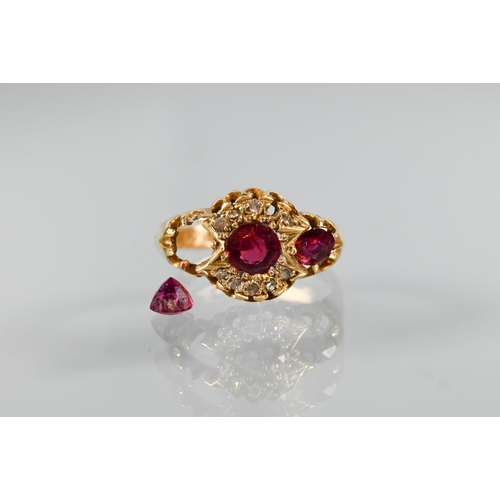 334 - Three various antique rings, one 18ct yellow gold and plat ruby and diamond cluster, size M 1/2; a t... 