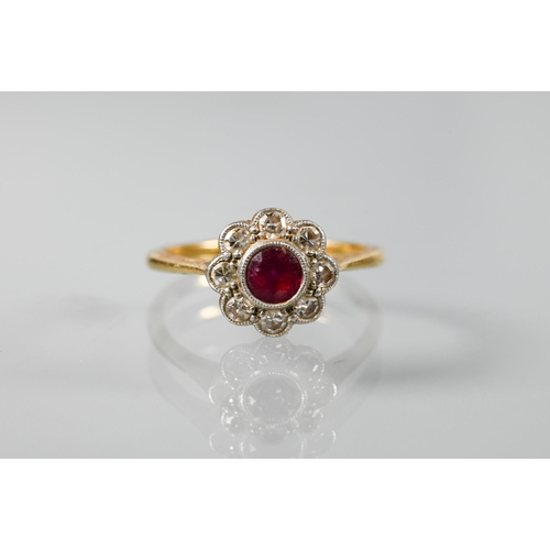 334 - Three various antique rings, one 18ct yellow gold and plat ruby and diamond cluster, size M 1/2; a t... 