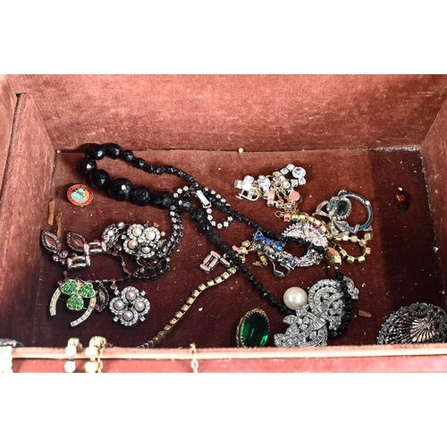 345 - A leather jewel case containing a collection of vintage paste, crystal and other jewellery items