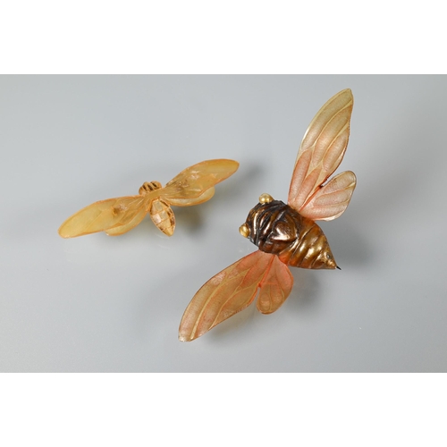 346 - A French Art Nouveau horn winged insect/cicada brooch with outstretched wings, naturalistically carv... 