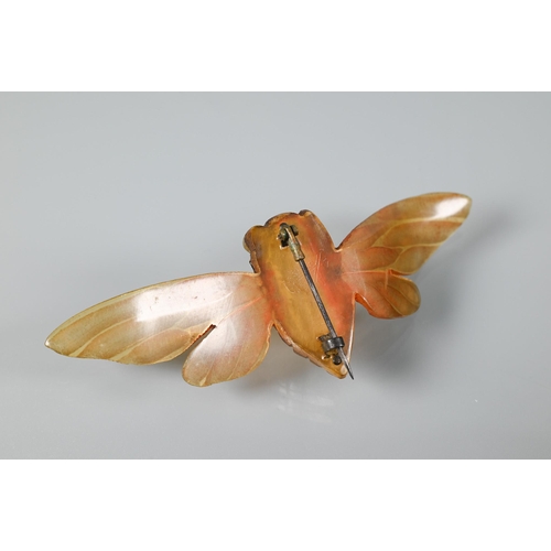 346 - A French Art Nouveau horn winged insect/cicada brooch with outstretched wings, naturalistically carv... 