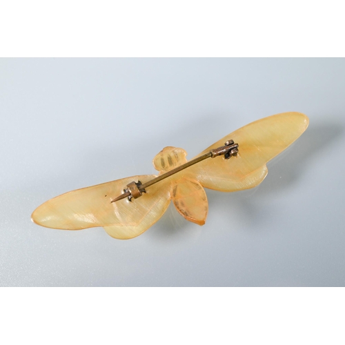 346 - A French Art Nouveau horn winged insect/cicada brooch with outstretched wings, naturalistically carv... 