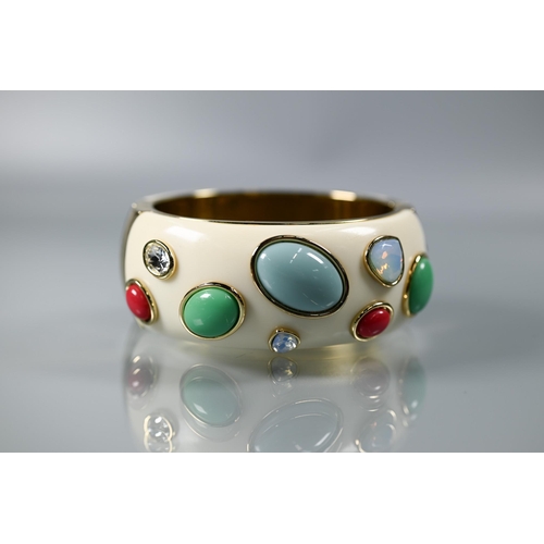 356 - Bangles - a hammered white metal open cuff stamped MEXICO, a Halcyon Days gilt, enamel and diamanté ... 