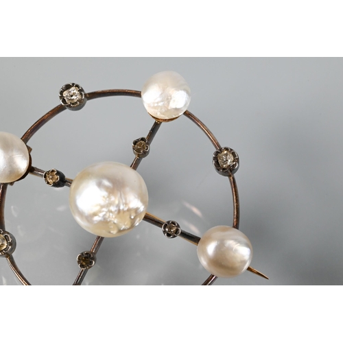 357 - An Edwardian circlet brooch with five pearls on yellow metal knife-edge mount, set with eight rose c... 