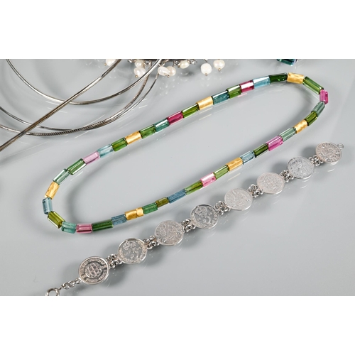 358 - Longmire - a cylindrical multi-coloured tourmaline necklace, cased; five various white metal stamped... 