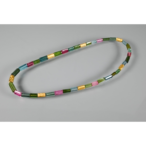 358 - Longmire - a cylindrical multi-coloured tourmaline necklace, cased; five various white metal stamped... 