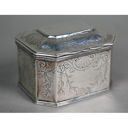 36 - A silver box with moulded hinged lid, canted corners and engraved decoration, London Assay Office (r... 