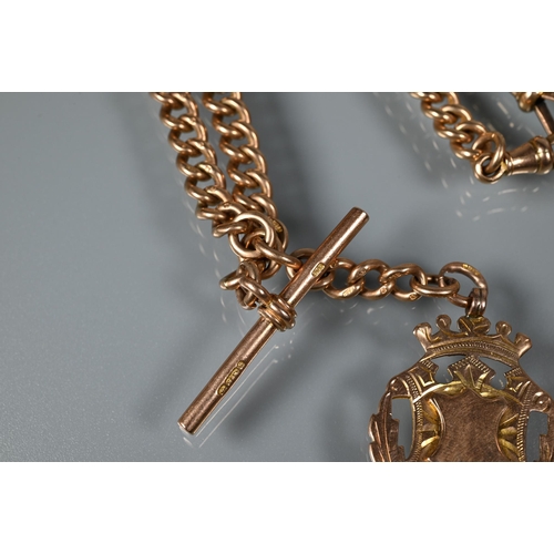 367 - A 9ct rose gold double Albert belcher chain with two swivels, one bar and fob attached, approx 68.1g