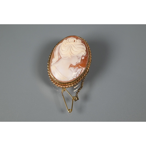 370 - An oval shell cameo of Aphrodite with her dove, in 9ct yellow gold rope mount, 5.5 x 4.5 cm to/w a s... 