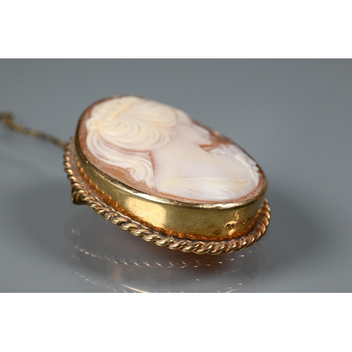 370 - An oval shell cameo of Aphrodite with her dove, in 9ct yellow gold rope mount, 5.5 x 4.5 cm to/w a s... 