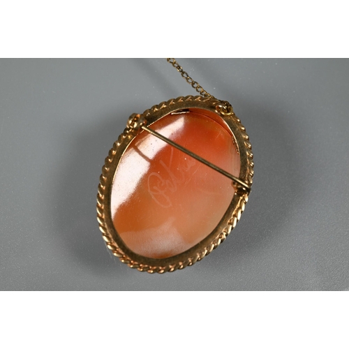 370 - An oval shell cameo of Aphrodite with her dove, in 9ct yellow gold rope mount, 5.5 x 4.5 cm to/w a s... 