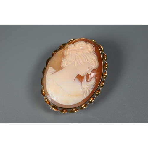 370 - An oval shell cameo of Aphrodite with her dove, in 9ct yellow gold rope mount, 5.5 x 4.5 cm to/w a s... 