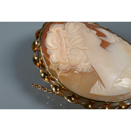 370 - An oval shell cameo of Aphrodite with her dove, in 9ct yellow gold rope mount, 5.5 x 4.5 cm to/w a s... 