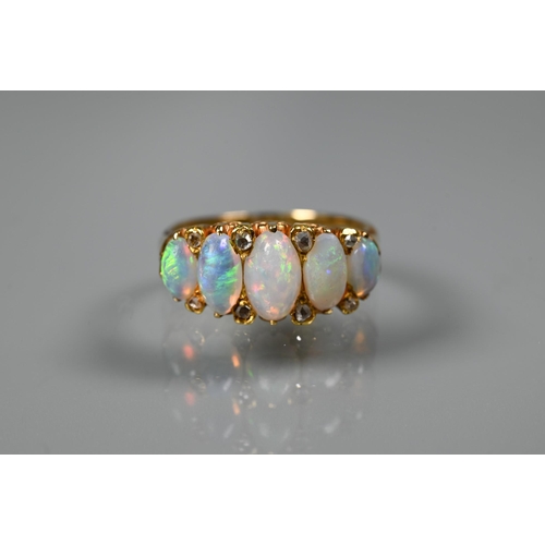 372 - An antique opal and diamond ring, the five oval opals with rose cut diamonds between, gold set (unma... 