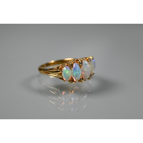 372 - An antique opal and diamond ring, the five oval opals with rose cut diamonds between, gold set (unma... 