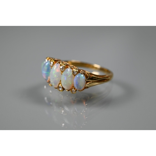 372 - An antique opal and diamond ring, the five oval opals with rose cut diamonds between, gold set (unma... 