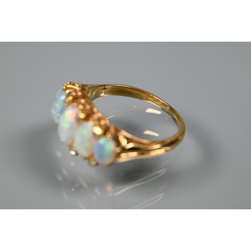 372 - An antique opal and diamond ring, the five oval opals with rose cut diamonds between, gold set (unma... 